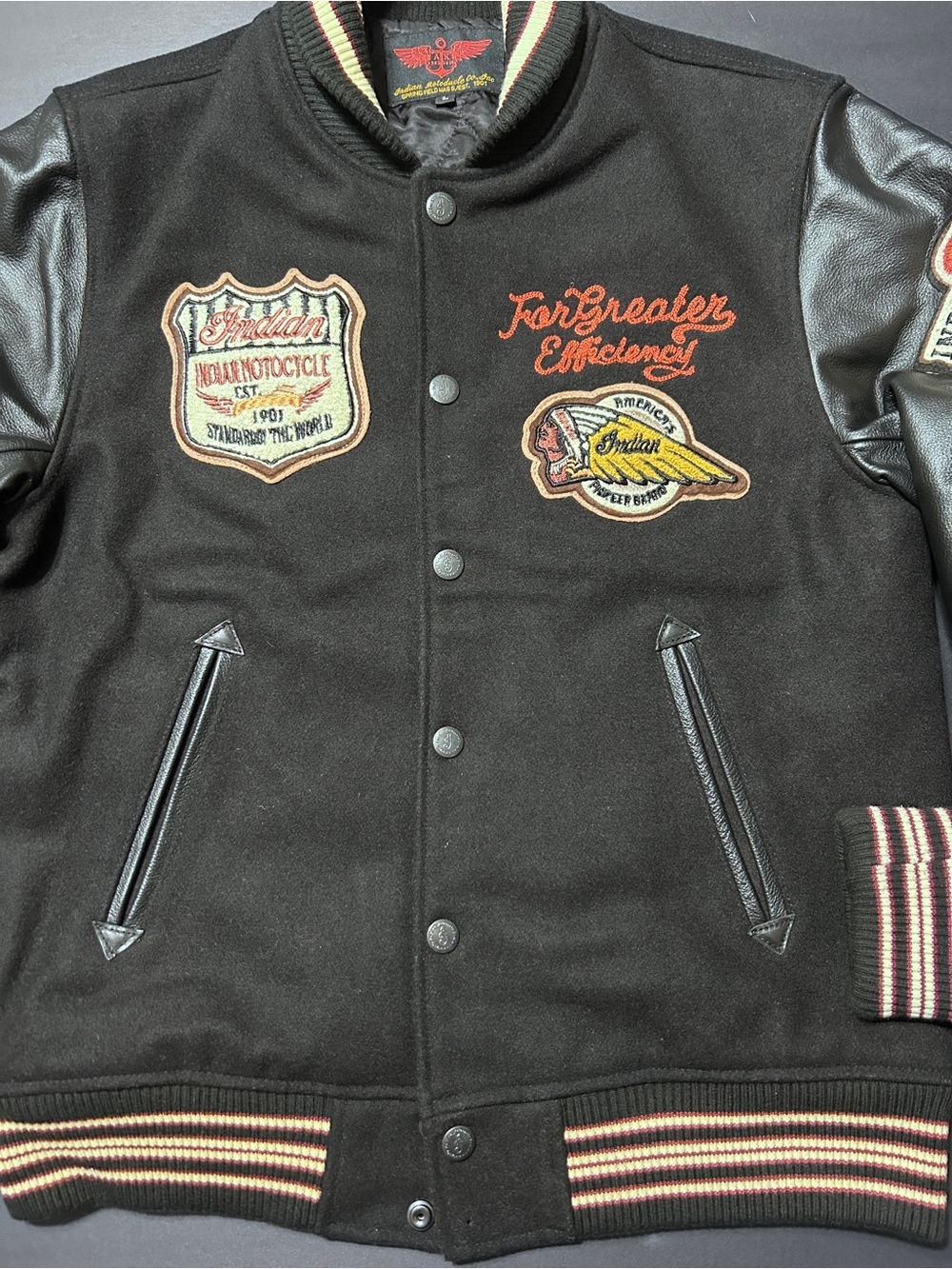 Vintage Indian Motorcycle Leather Sleeve Varsity Bomber Jacket Black L Patches - Picture 11 of 16